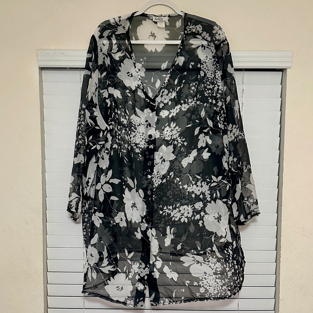 JoRo Fashions Womens 3X Black White Floral Sheer Chiffon Button Front Tunic Top